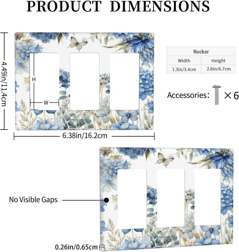 Wuyocha Decorative Outlet Covers Boho Blue Flowers Rustic Beige Butterfly Leaves 3 Gang Wall Plate Triple Rocker Switch Light Switch Plate Covers Jumbo Electrical GFCI Switch Cover Plate - Image 5